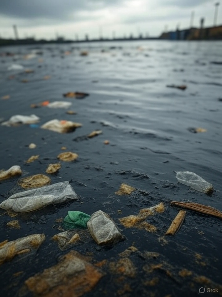 Polluted river with plastics and other wastes