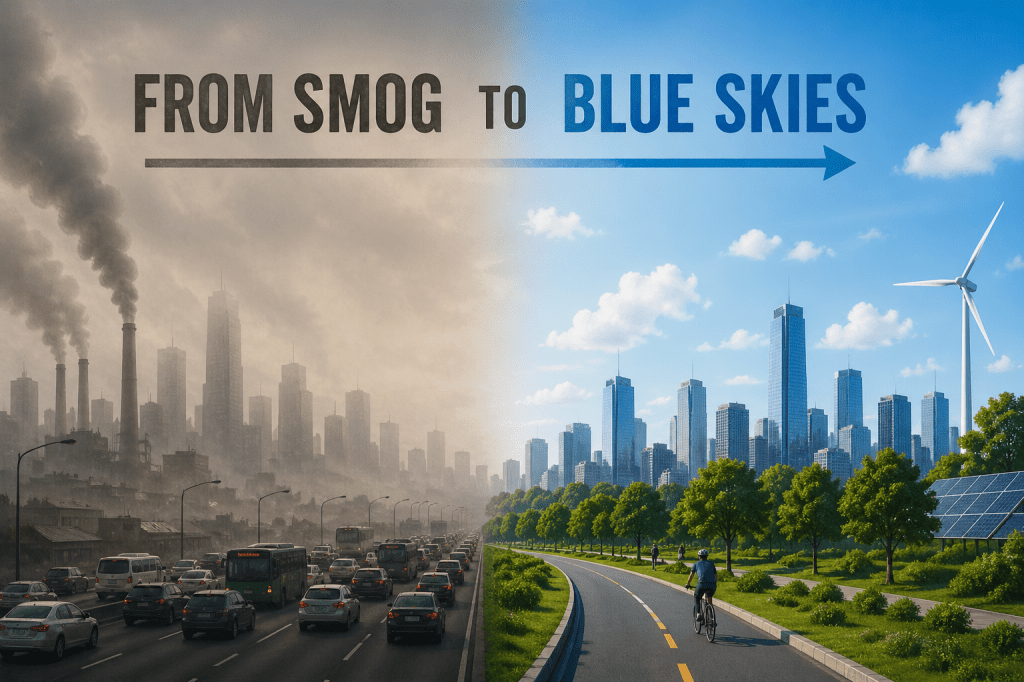 A highly polluted city on the left with factories releasing heavy smoke into the atmosphere and a city using clean energies with little to no pollution on the right