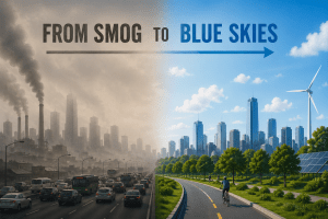 A highly polluted city on the left with factories releasing heavy smoke into the atmosphere and a city using clean energies with little to no pollution on the right