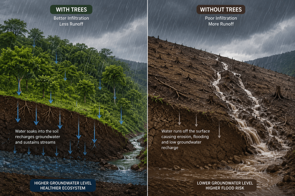 Land with trees soaking up rain better than land without trees