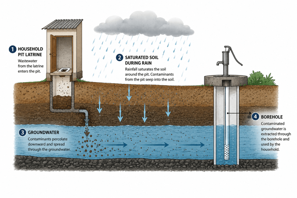 Contamination pathway diagram of wastewater showing how wastewater moves from household pit latrine to saturated soil during rain and then groundwater then into the borehole.