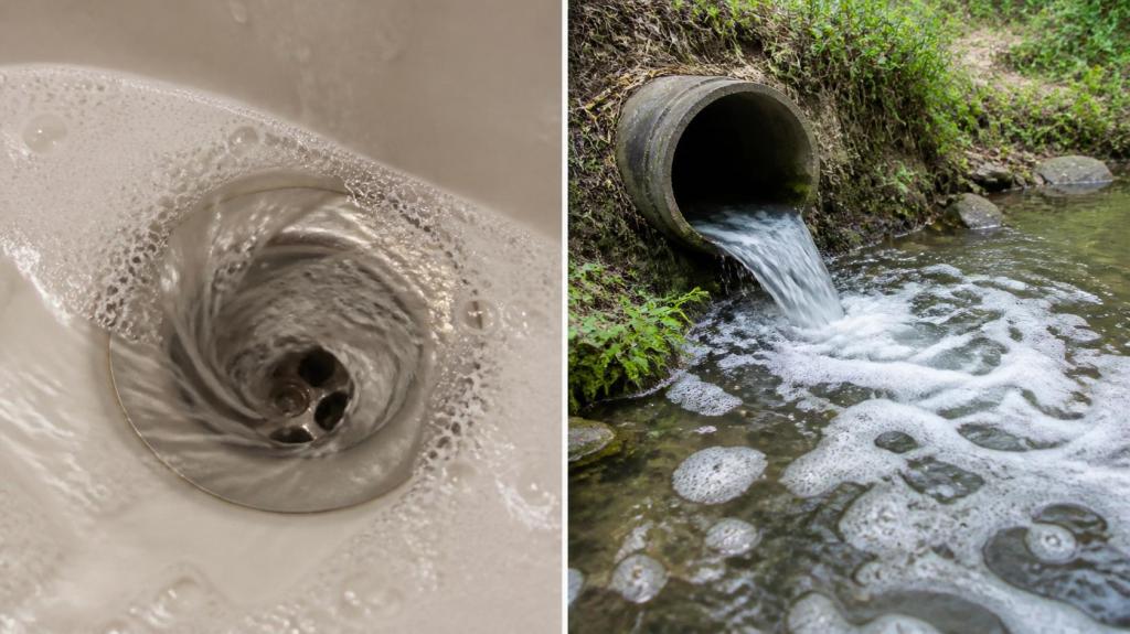 Split image composition showing two connected scenes. LEFT SIDE close-up view of a household drain with soapy water swirling and disappearing down the drain, bubbles visible, indoor bathroom or kitchen setting. RI