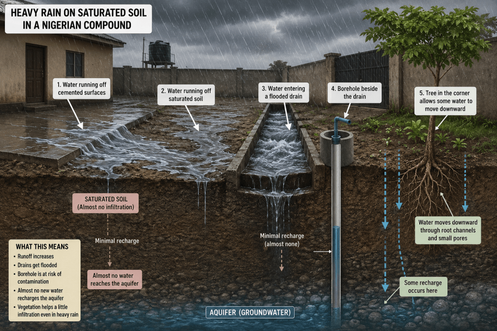 Description of heavy rainfall on paved soil, saturated soil without trees, drainages and saturated soil with trees